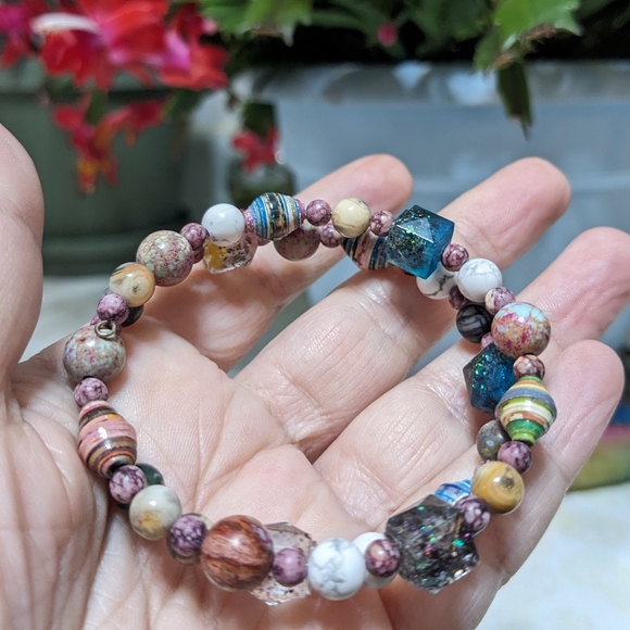 Jasper Energy Bracelet Handmade Colorful Cute Rainbow Upcycled Paper Beads - Picture 5 of 13
